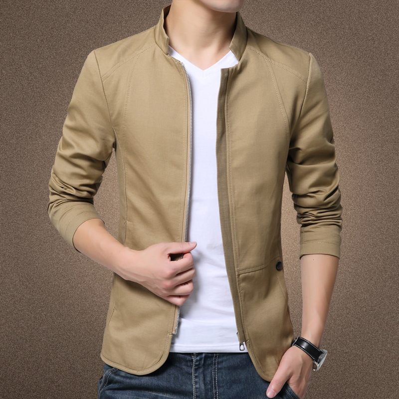 Herenjack Met Opstaande Kraag Slim Fit Rits Effen Beige