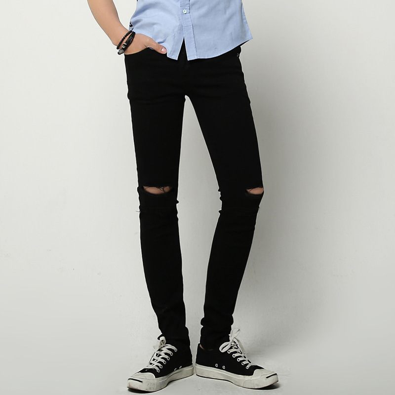 Dun Gedeelte Knie Gat Zwart Slim Fit Jeans Mannen Bedelaar Dragen Stretch Strakke Kleine Voeten