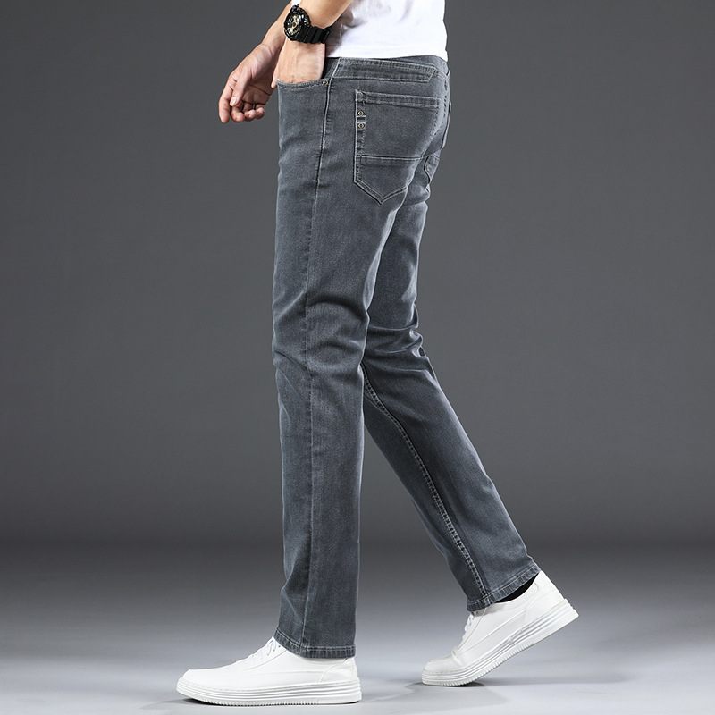 Grijze Jeans Heren Losse Rechte Casual Stretchbroek