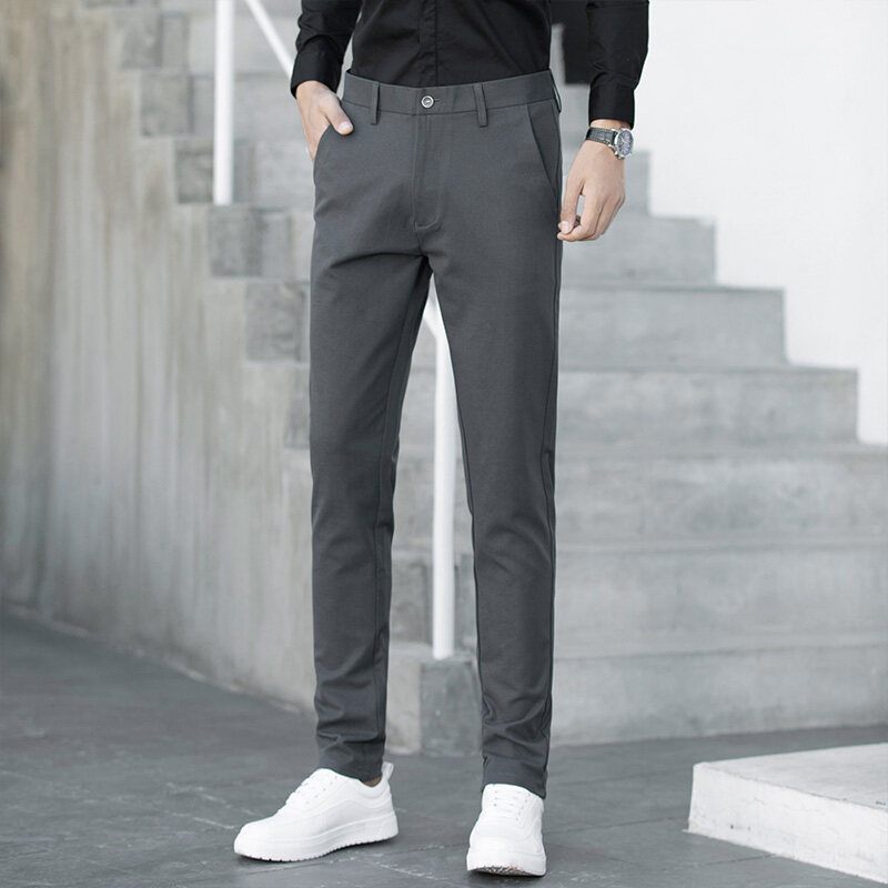 Heren Casual Broek Elastische Rechte Pijpen Slim Fit Afslankende Effen Kleur