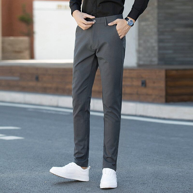 Heren Casual Broek Elastische Rechte Pijpen Slim Fit Afslankende Effen Kleur