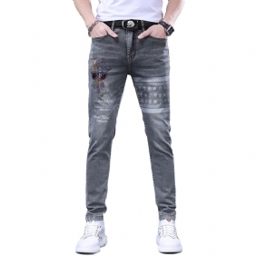 Heren Jeans Handgeschilderde Letters Geborduurde Slim Fit Elastische Kleine Voeten