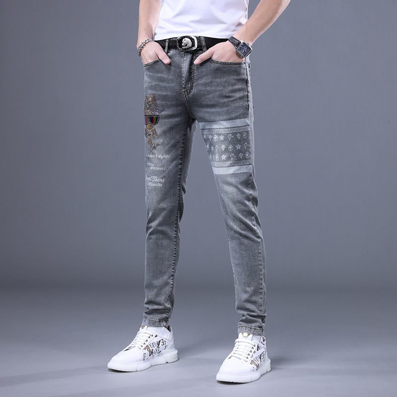 Heren Jeans Handgeschilderde Letters Geborduurde Slim Fit Elastische Kleine Voeten