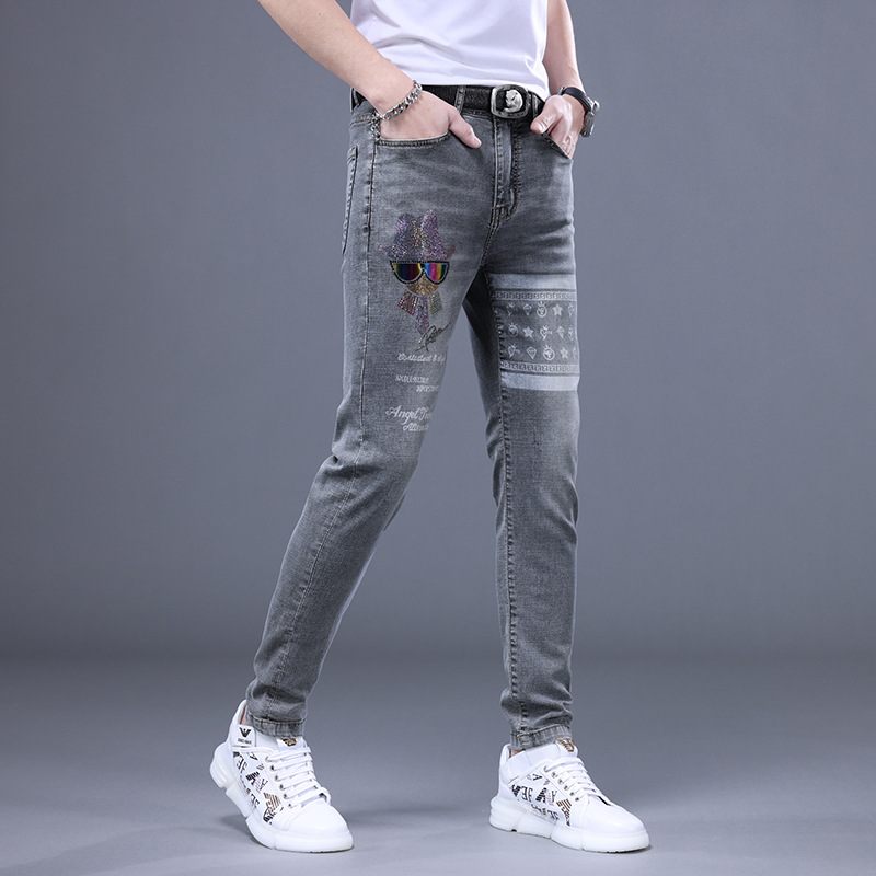 Heren Jeans Handgeschilderde Letters Geborduurde Slim Fit Elastische Kleine Voeten