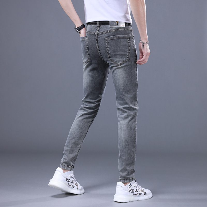 Heren Jeans Handgeschilderde Letters Geborduurde Slim Fit Elastische Kleine Voeten