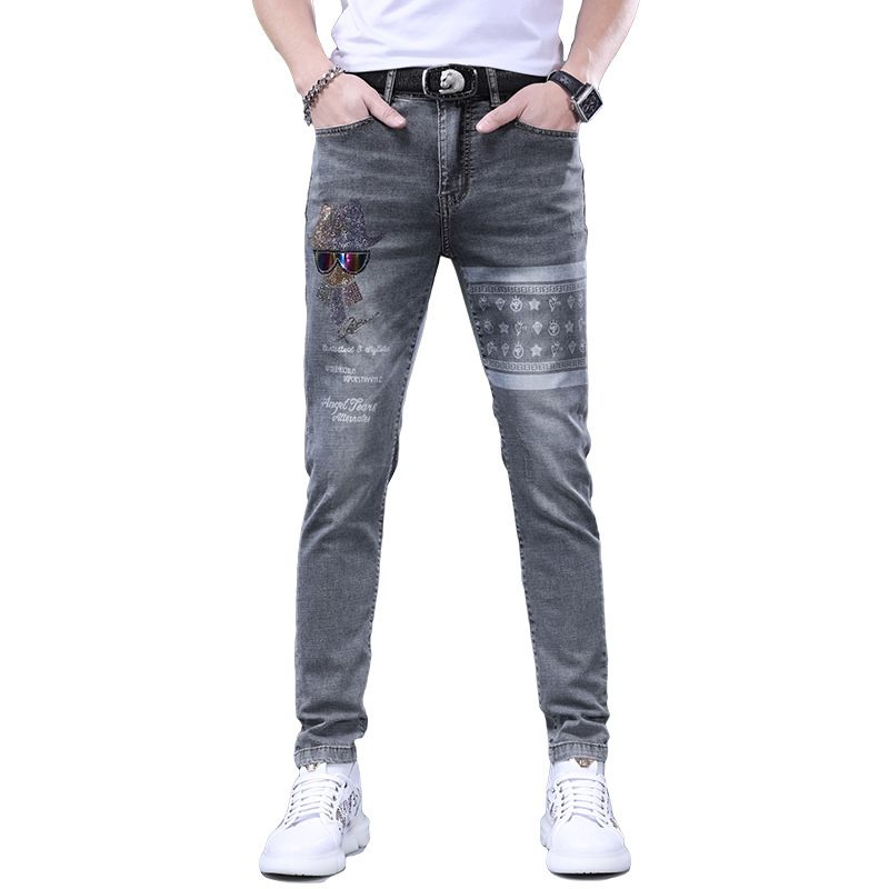 Heren Jeans Handgeschilderde Letters Geborduurde Slim Fit Elastische Kleine Voeten