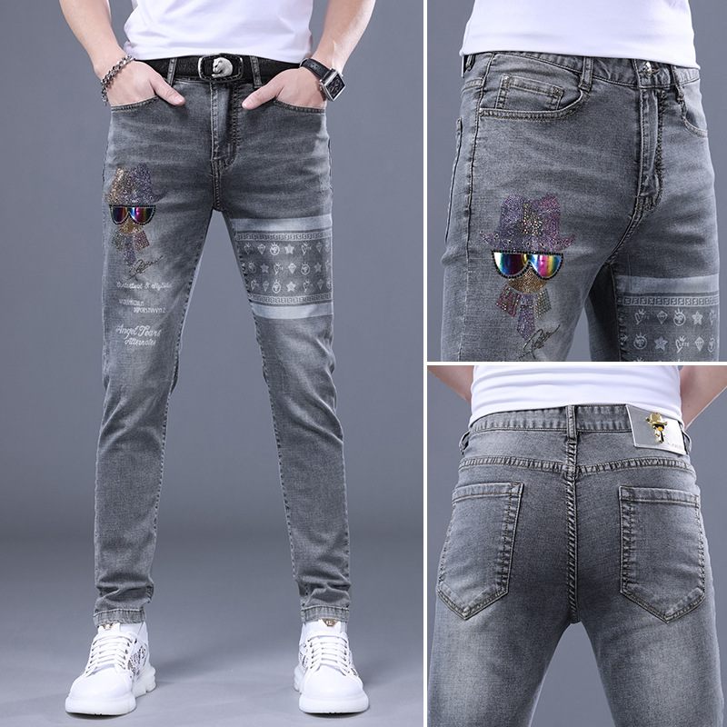 Heren Jeans Handgeschilderde Letters Geborduurde Slim Fit Elastische Kleine Voeten