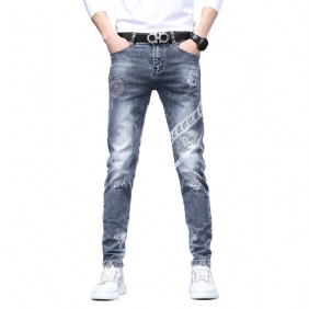 Heren Jeans Roest Bloem Hot Drill Reflecterende Stretch Slim Fit Kleine Voeten Gaten