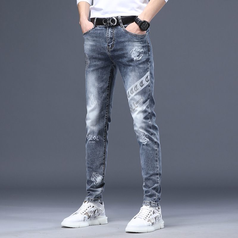 Heren Jeans Roest Bloem Hot Drill Reflecterende Stretch Slim Fit Kleine Voeten Gaten