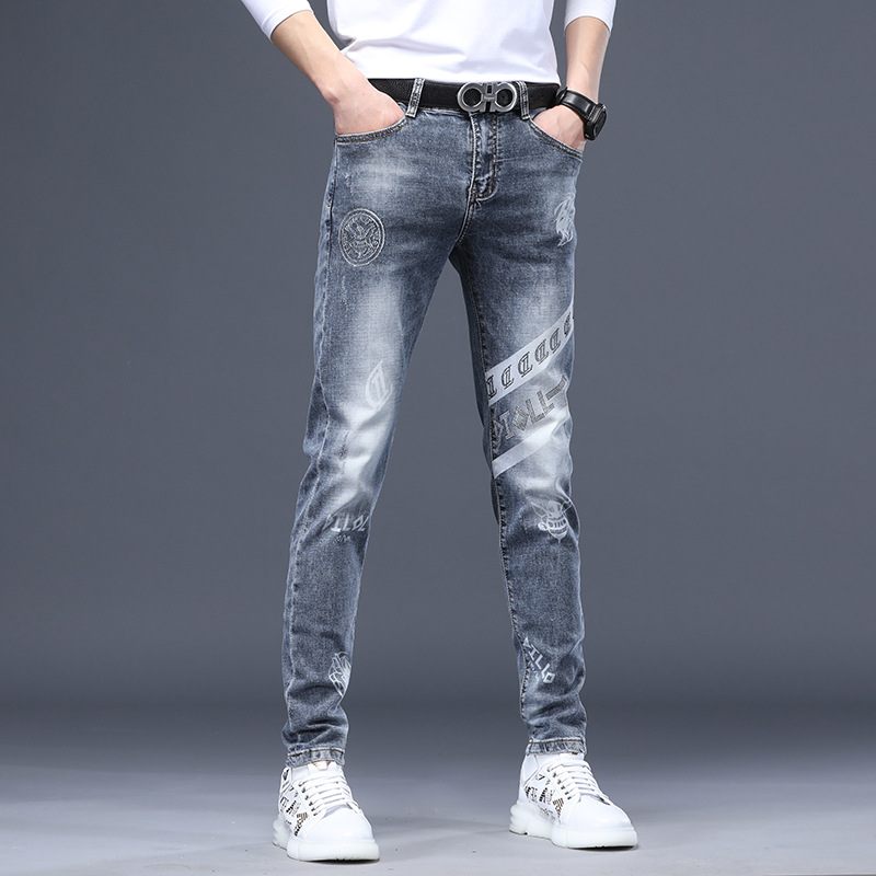 Heren Jeans Roest Bloem Hot Drill Reflecterende Stretch Slim Fit Kleine Voeten Gaten