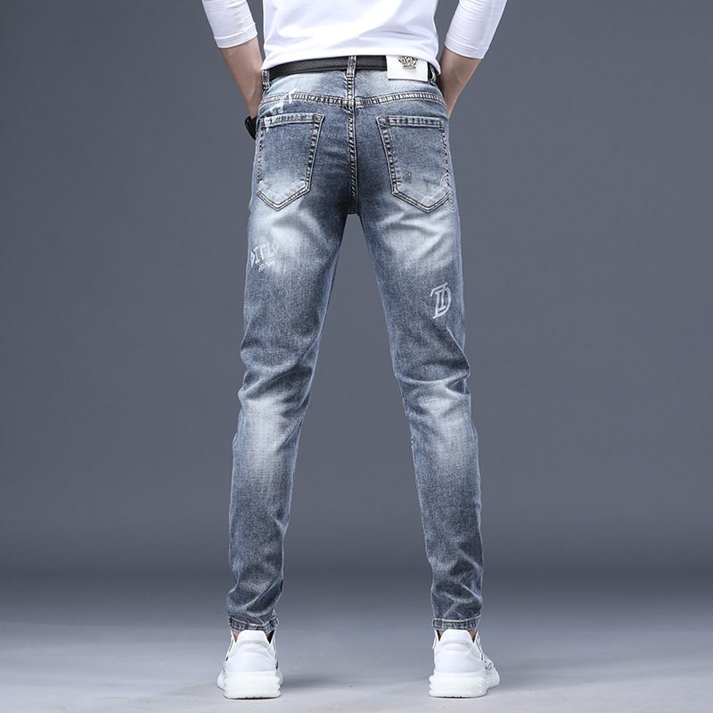 Heren Jeans Roest Bloem Hot Drill Reflecterende Stretch Slim Fit Kleine Voeten Gaten