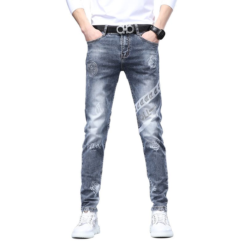 Heren Jeans Roest Bloem Hot Drill Reflecterende Stretch Slim Fit Kleine Voeten Gaten