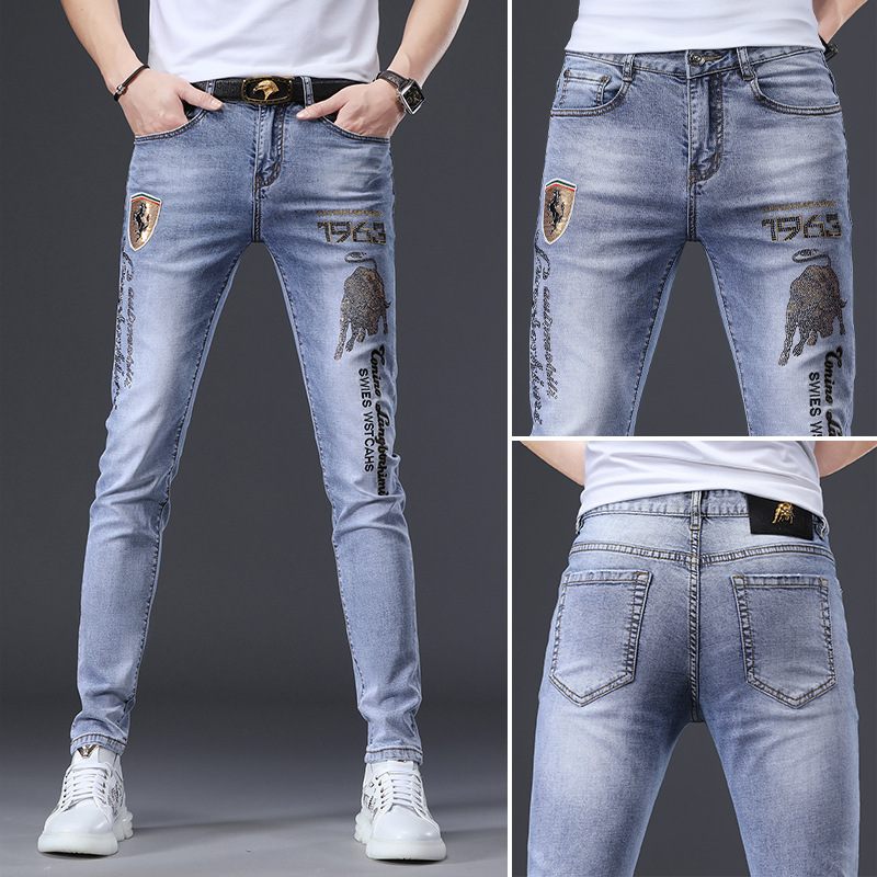 Heren Jeans Roest Bloem Hot Drill Reflecterende Stretch Slim Fit Kleine Voeten Gaten