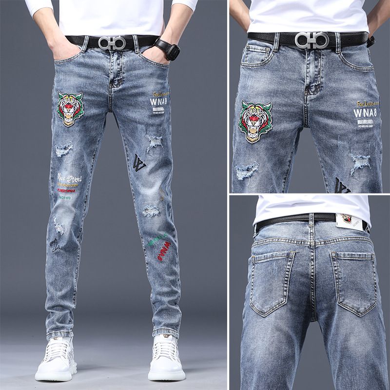 Heren Jeans Roest Bloem Hot Drill Reflecterende Stretch Slim Fit Kleine Voeten Gaten