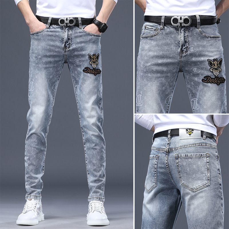 Heren Jeans Roest Bloem Hot Drill Reflecterende Stretch Slim Fit Kleine Voeten Gaten