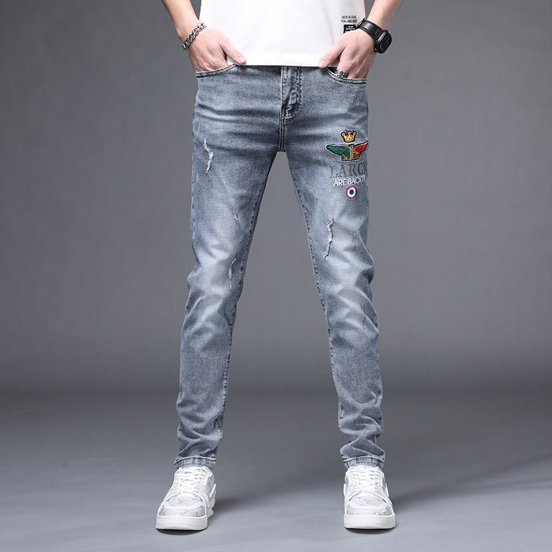 Heren Jeans Roest Bloem Hot Drill Reflecterende Stretch Slim Fit Kleine Voeten Gaten