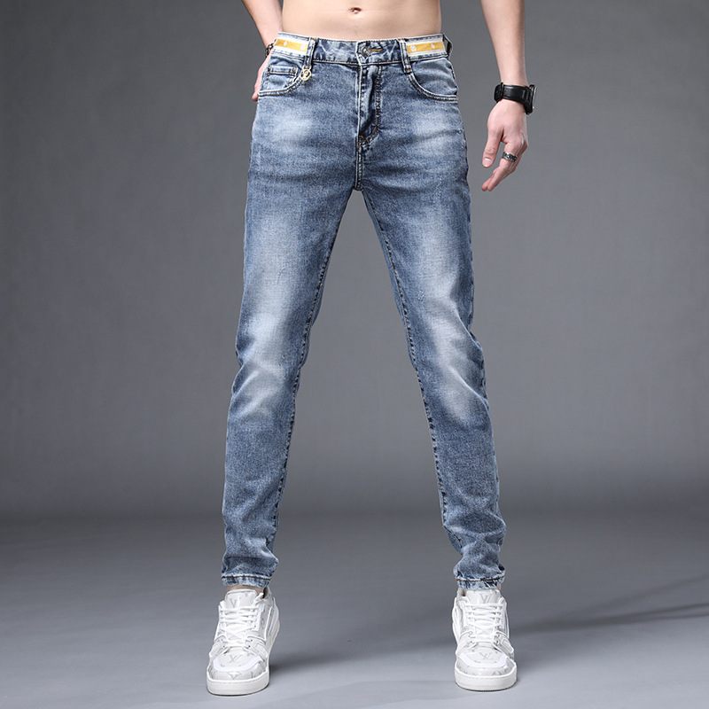 Heren Jeans Roest Bloem Hot Drill Reflecterende Stretch Slim Fit Kleine Voeten Gaten