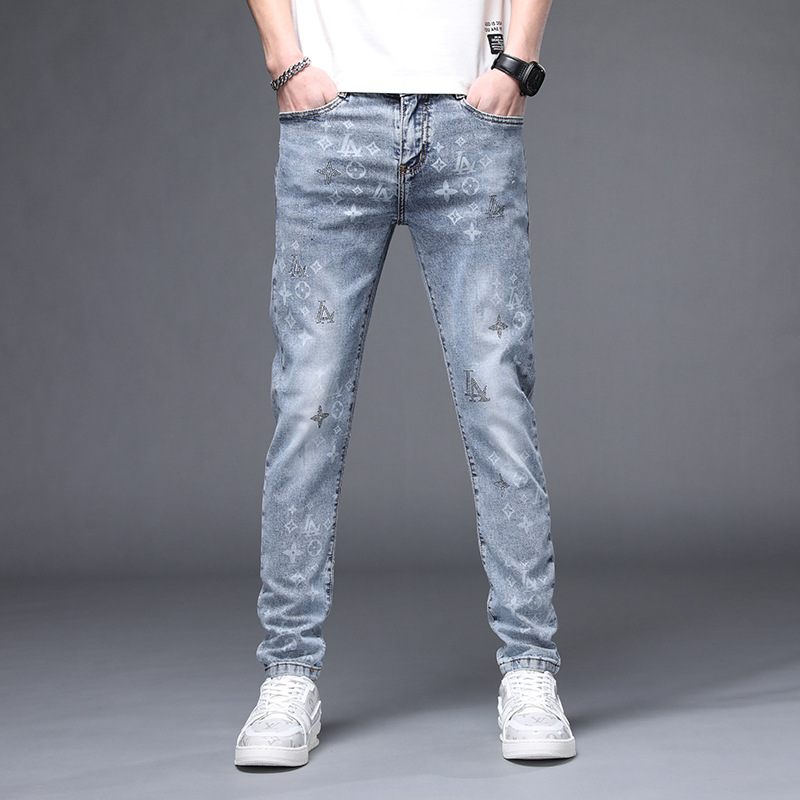 Heren Jeans Roest Bloem Hot Drill Reflecterende Stretch Slim Fit Kleine Voeten Gaten