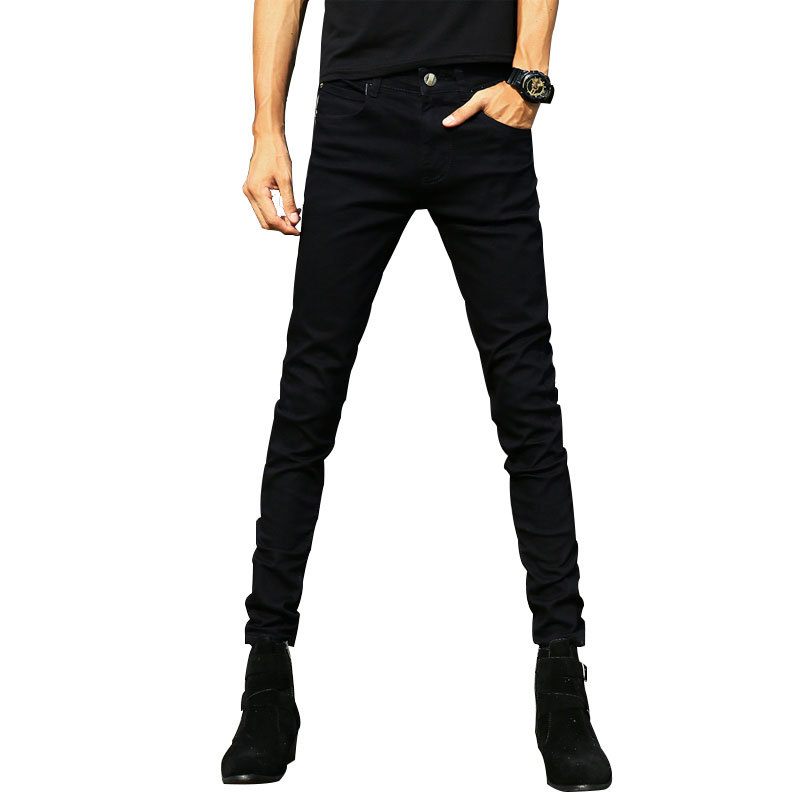 Heren Zwarte Jeans Slim Fit Kleine Voeten Stretch Gaten