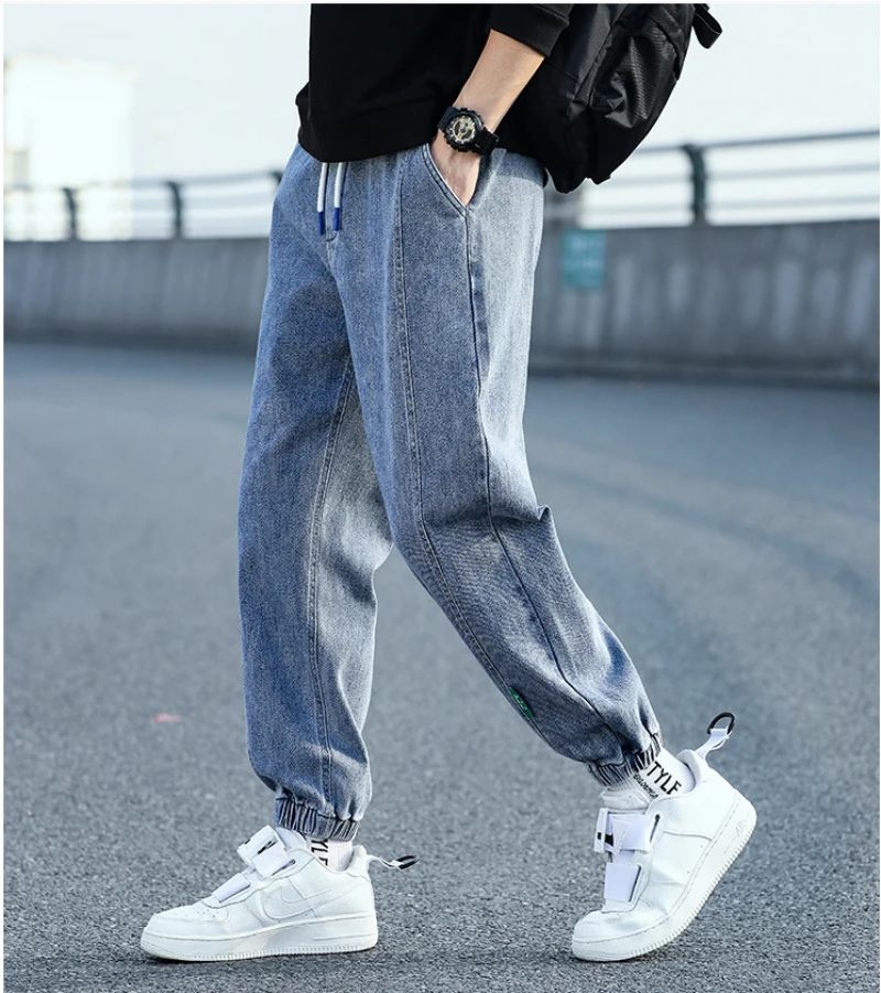 Jeans Heren Trend Small Feet Elastic Tie Tether Loose