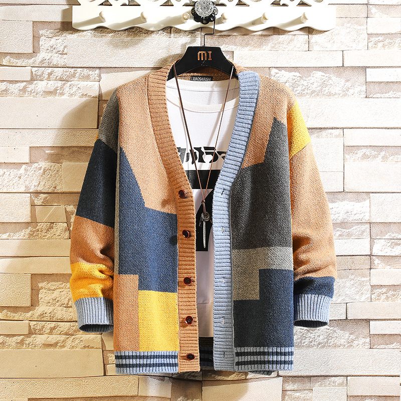 2024 Contrastkleurige Sweater Heren Cardigan Met V-hals