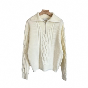 Gebreide Heren Pullover Met Grote Revers En Jacquard Twist In Effen Kleur