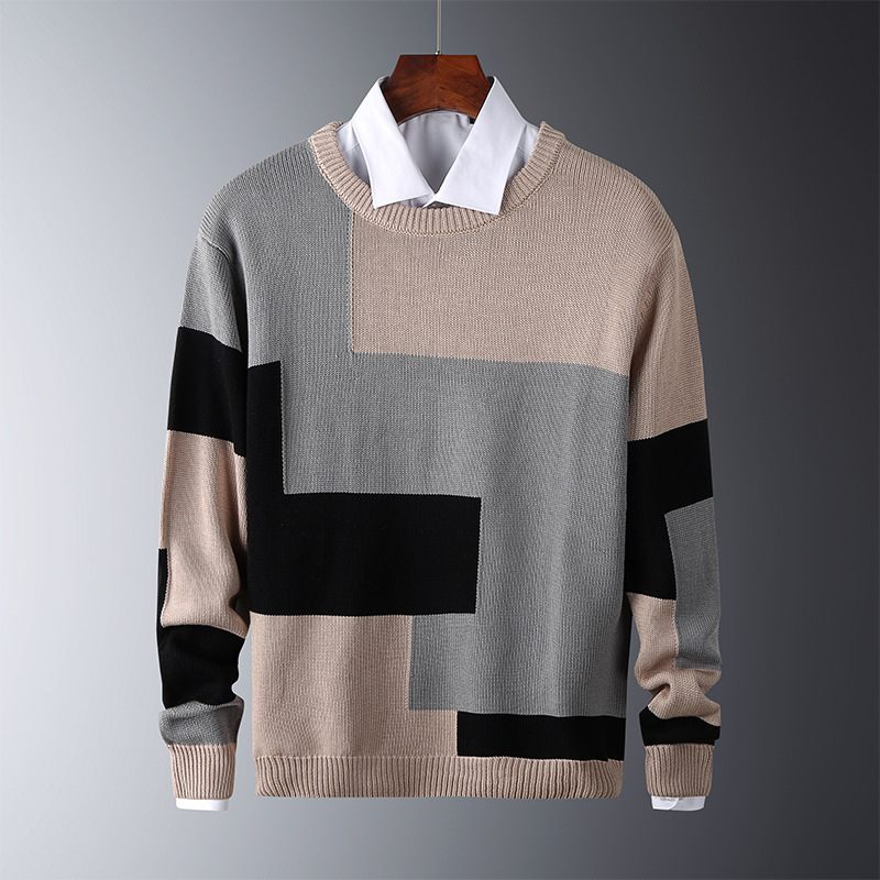 Herensweater 2024 Kleurcontrast Mode Gebreide Casual Ronde Halstrui Lange Mouwen