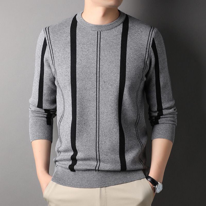 Herensweater Casual Gestreepte Kleuraanpassing Ronde Hals Gebreide Trui Lange Mouwen Onderhemd