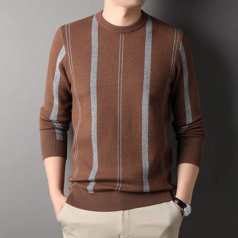 Herensweater Casual Gestreepte Kleuraanpassing Ronde Hals Gebreide Trui Lange Mouwen Onderhemd