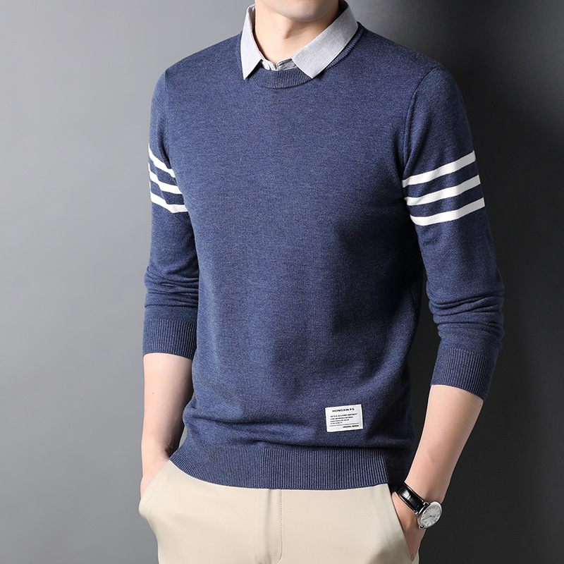 Overhemd Kraag Nep Tweedelige Trui Mannen Lange Mouwen Casual Knitwear Business Inner Pullover