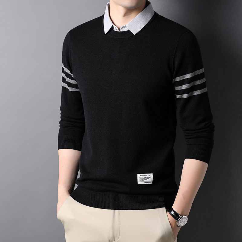 Overhemd Kraag Nep Tweedelige Trui Mannen Lange Mouwen Casual Knitwear Business Inner Pullover