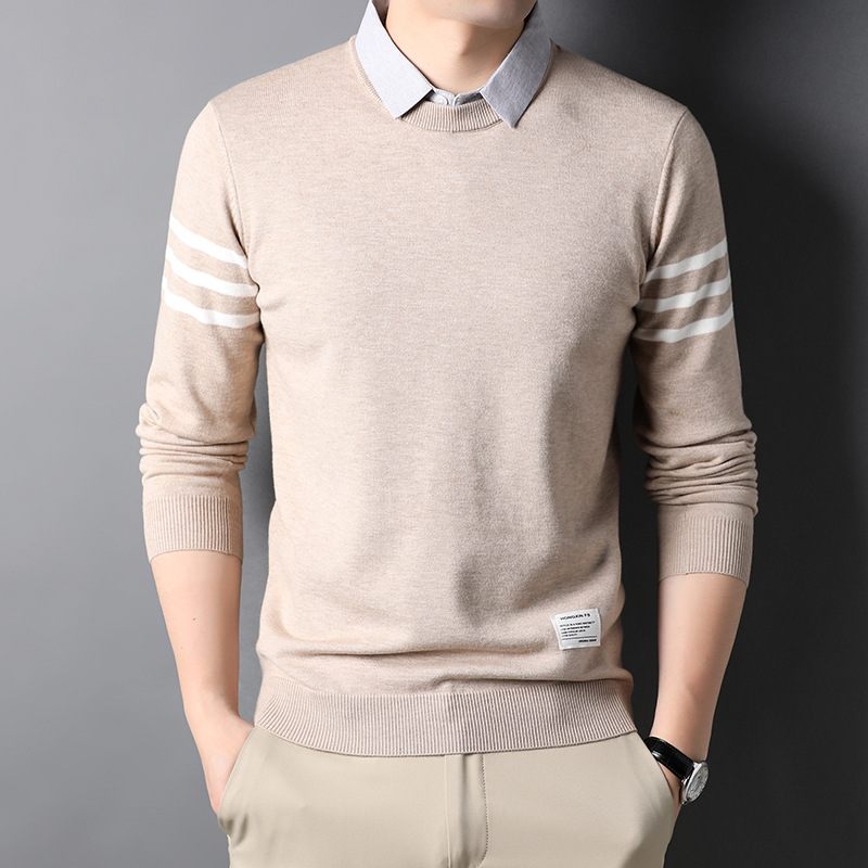 Overhemd Kraag Nep Tweedelige Trui Mannen Lange Mouwen Casual Knitwear Business Inner Pullover