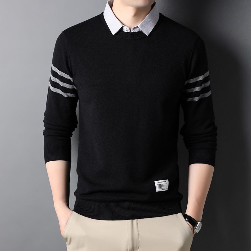 Overhemd Kraag Nep Tweedelige Trui Mannen Lange Mouwen Casual Knitwear Business Inner Pullover