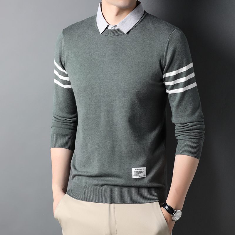 Overhemd Kraag Nep Tweedelige Trui Mannen Lange Mouwen Casual Knitwear Business Inner Pullover