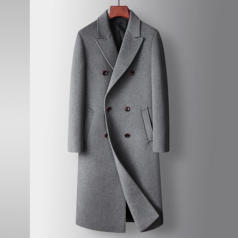 Heren Wollen Jas Lange Jeugd Effen Kleur Zakelijke Trenchcoat Double-breasted Casual Warme Jas