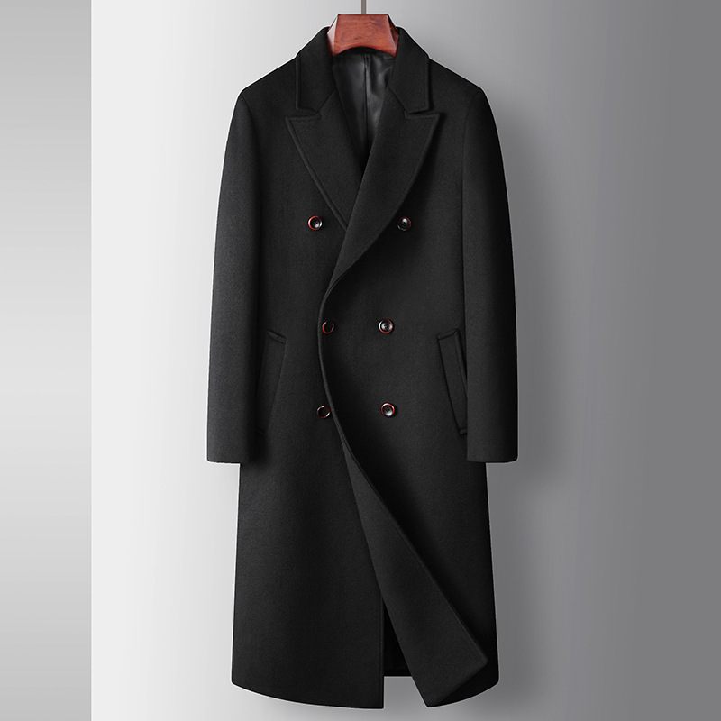 Heren Wollen Jas Lange Jeugd Effen Kleur Zakelijke Trenchcoat Double-breasted Casual Warme Jas