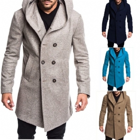 Herenmode Lange Trenchcoat Fleece Buitenjas Met Capuchon