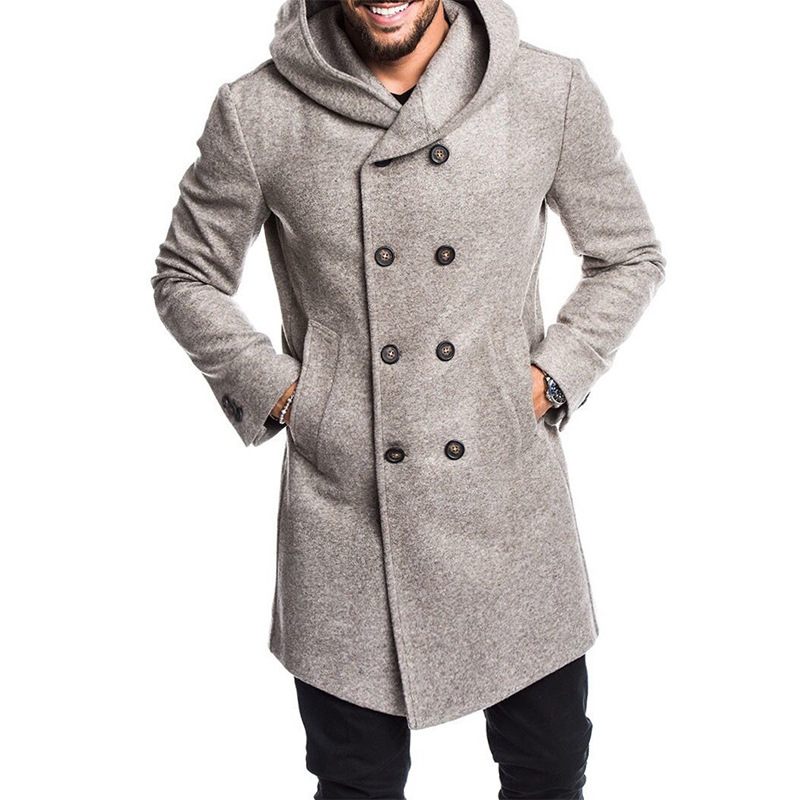 Herenmode Lange Trenchcoat Fleece Buitenjas Met Capuchon