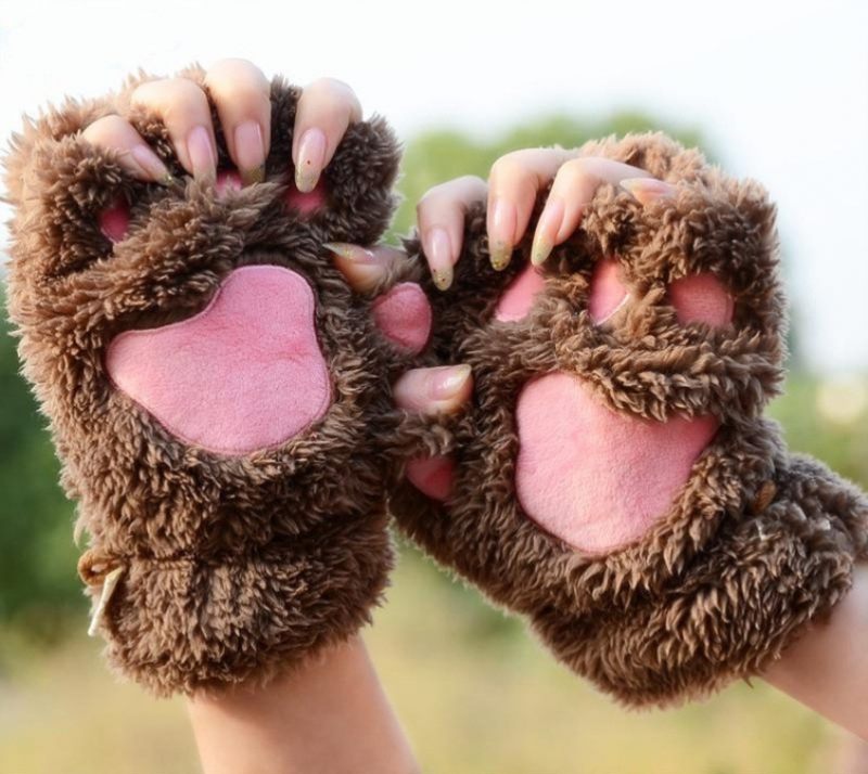 2024 Kattenklauwhandschoenen Dames Herfst En Winter Schattig Meisje Vingerloze Verdikte Warme Beerpoot Pluche Halfvingerhandschoenen