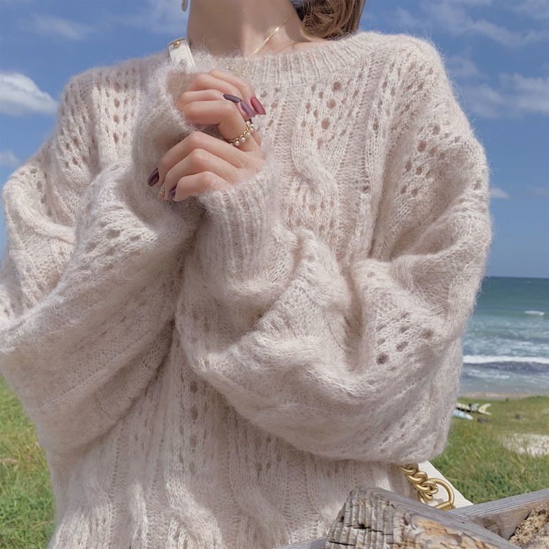 2024 Spring Seahorse Hair Sweater Losvallende Damestrui Lange Mouwen Ronde Hals Holle Gebreide Trui