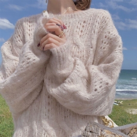 2024 Spring Seahorse Hair Sweater Losvallende Damestrui Lange Mouwen Ronde Hals Holle Gebreide Trui