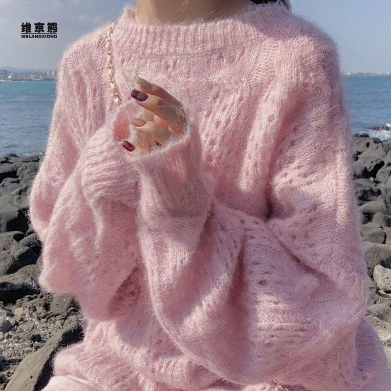 2024 Spring Seahorse Hair Sweater Losvallende Damestrui Lange Mouwen Ronde Hals Holle Gebreide Trui