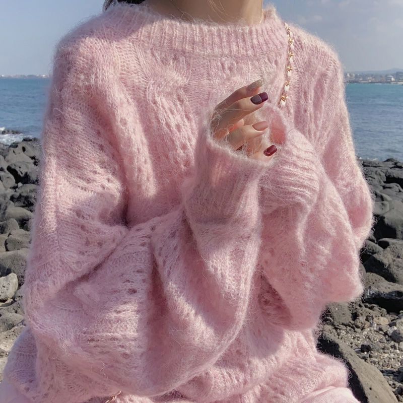 2024 Spring Seahorse Hair Sweater Losvallende Damestrui Lange Mouwen Ronde Hals Holle Gebreide Trui