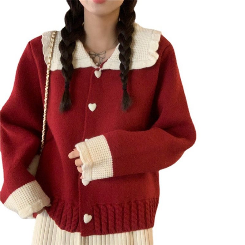 Doll Collar Sweater Dames Nieuwe Lente En Herfst New Year's Senior First Love Feeling Rode Gebreide Cardigan Top