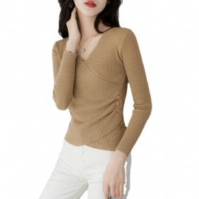 Lente En Herfst Temperament V-hals Dunne Trui Dames Gebreide Binnentrui Slim-fit Pullover Met Lange Mouwen Ondershirt