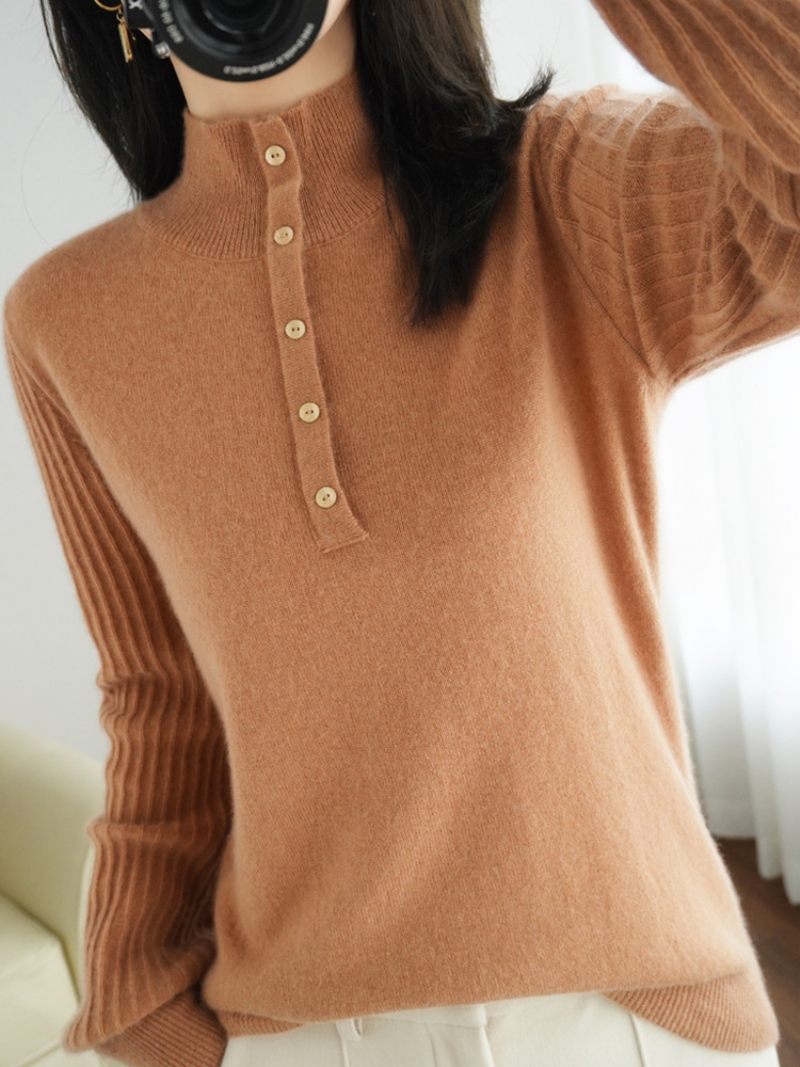 Wol 2024 Lente Seizoen Dames Nieuwe Korte Button-down Losse Lantaarnmouwen Effen Kleur Gebreide Bottoming Sweater