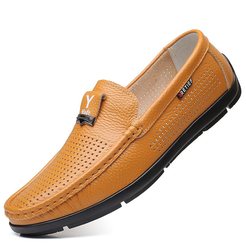 2024 Lente En Zomer Hollow Out Nieuwe Lederen Mannen Slip-on Erwten Schoenen Licht Zachte Platte Bodem Heren Geklede