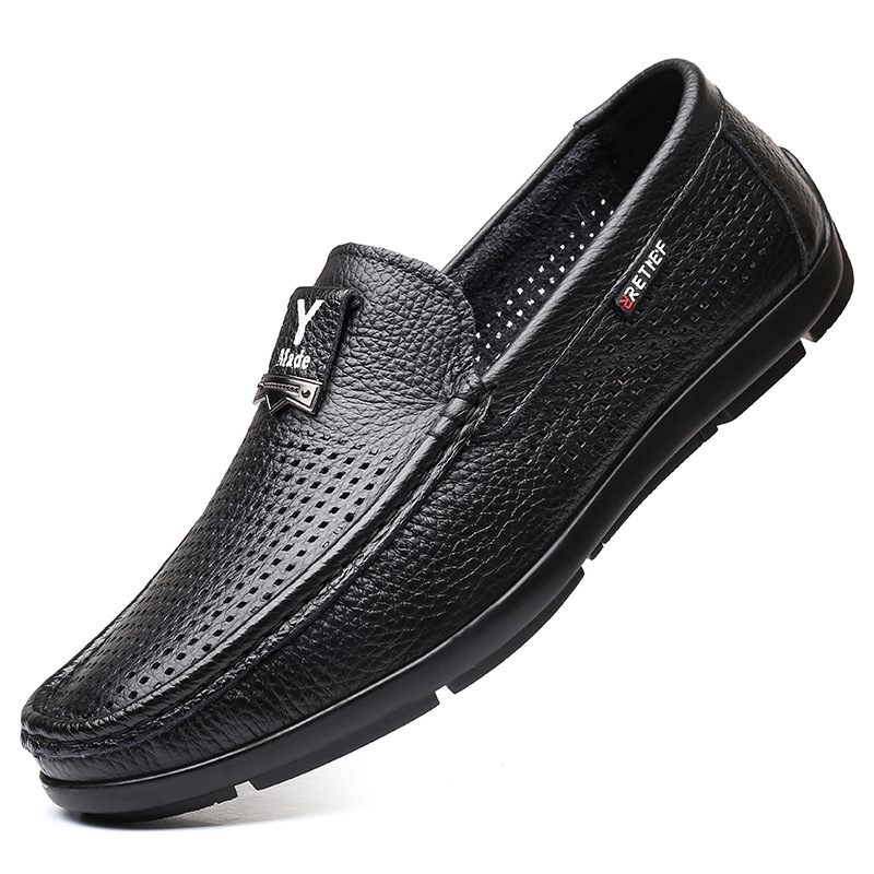 2024 Lente En Zomer Hollow Out Nieuwe Lederen Mannen Slip-on Erwten Schoenen Licht Zachte Platte Bodem Heren Geklede