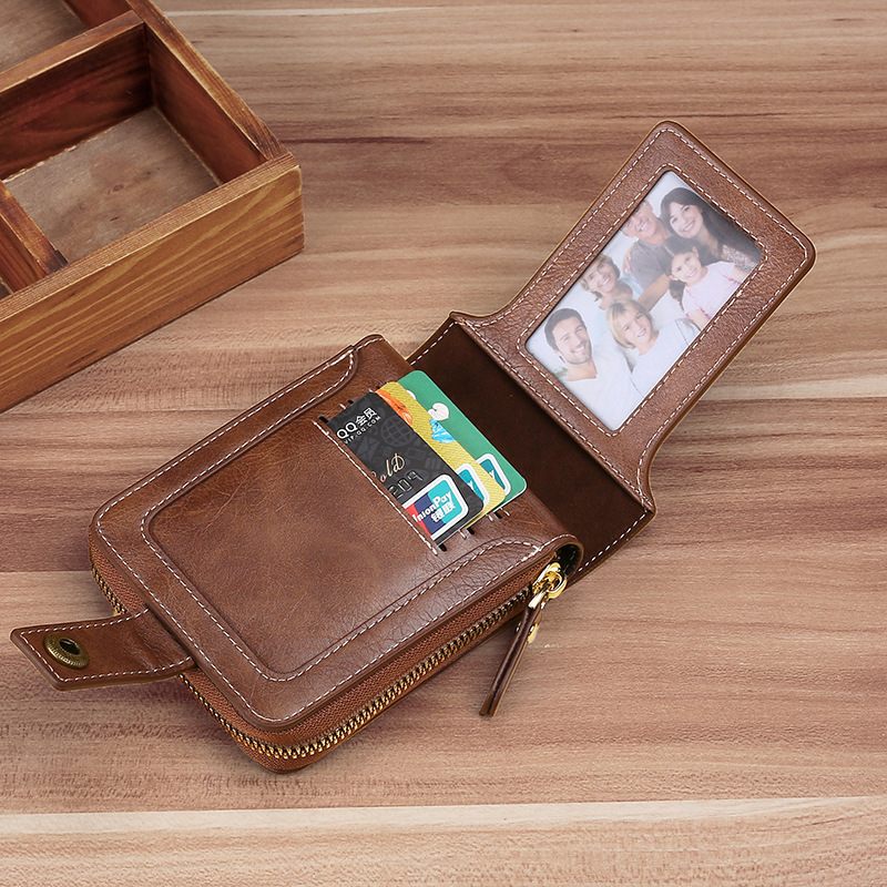 Korte Portemonnee Voor Heren Mode Retro Multifunctionele Rits Gesp Tri-fold Card Holder