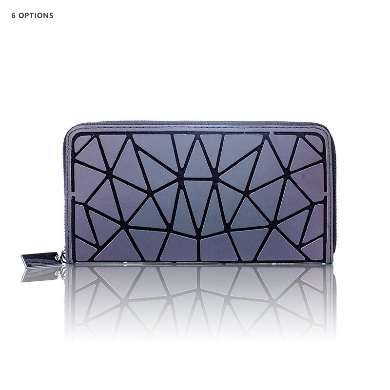 Mode Pu Damesportemonnee Reflecterende Kaartpositie Clutch Bag Geometrische Lange Portemonnee Lichtgevend Materiaal Lingge Damestas